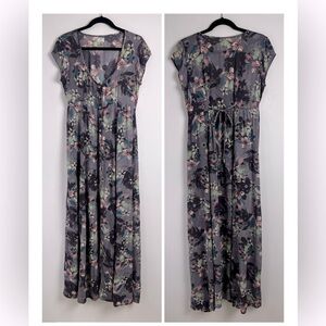 O'Neill Purple Mauve Floral Print Beachy Button Front Tie Back Maxi Dress Sz S